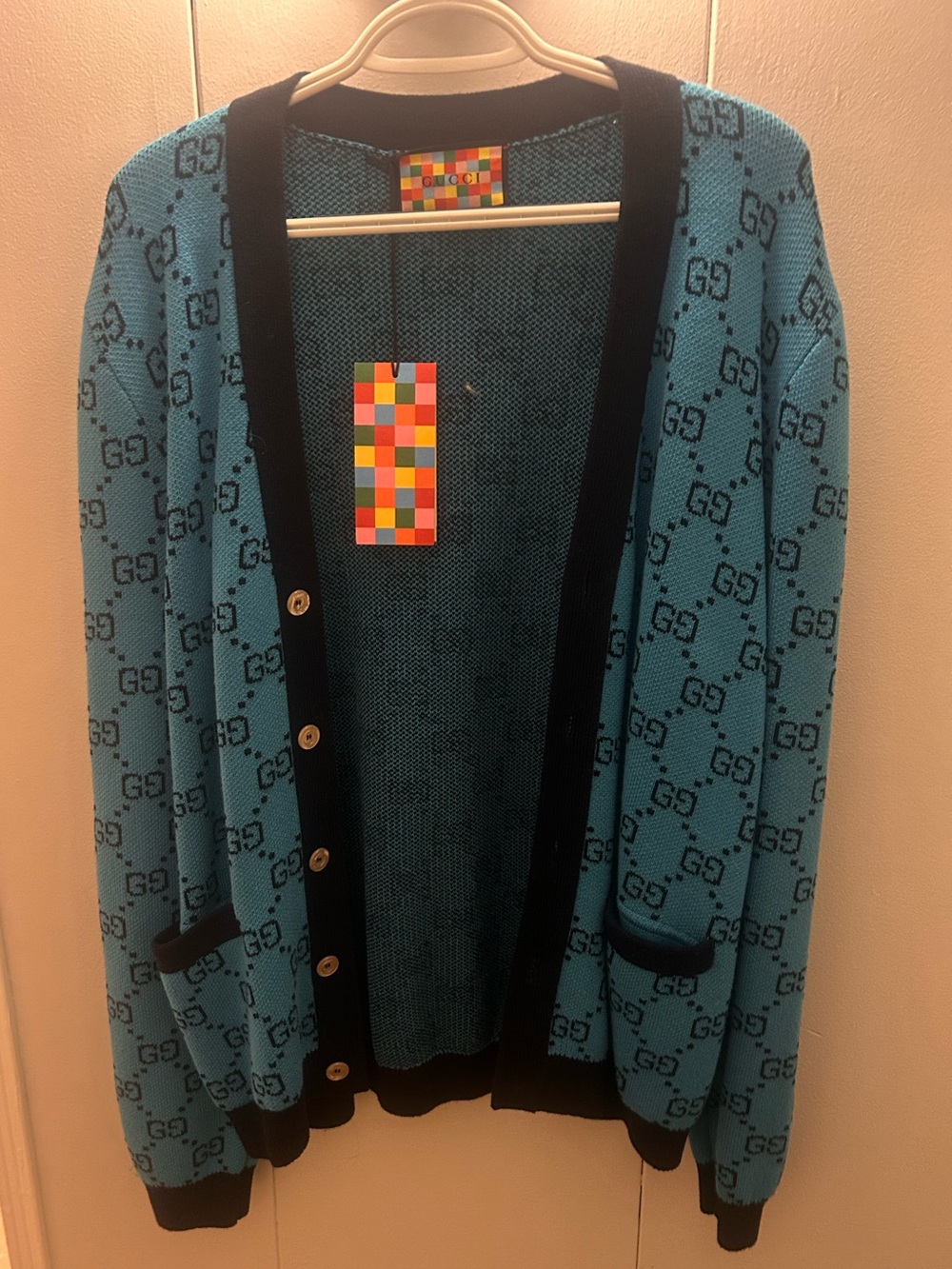 Gucci Teal Cardigan with Black Trim and GG Monogram